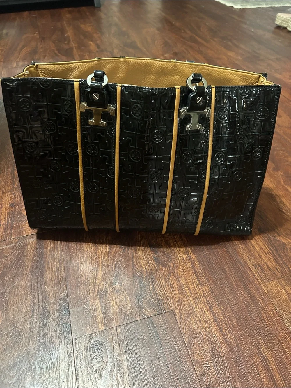 Tory Burch Black Patent Leather Tote with Tan Trim and Logo Embossing